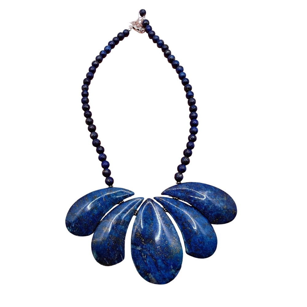 Lapis‎ Lazuli Statement Necklace Blue Natural Stone Bib Beaded Bohemian 18"